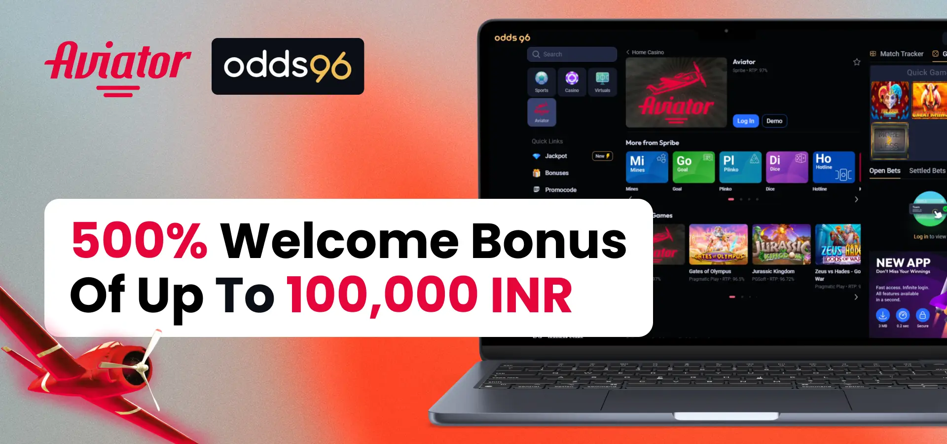 Welcome bonus 500% at Odds96 casino for Aviator game